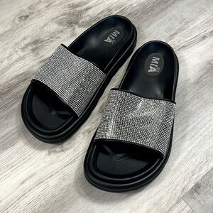 Black and Silver Slide Sandals